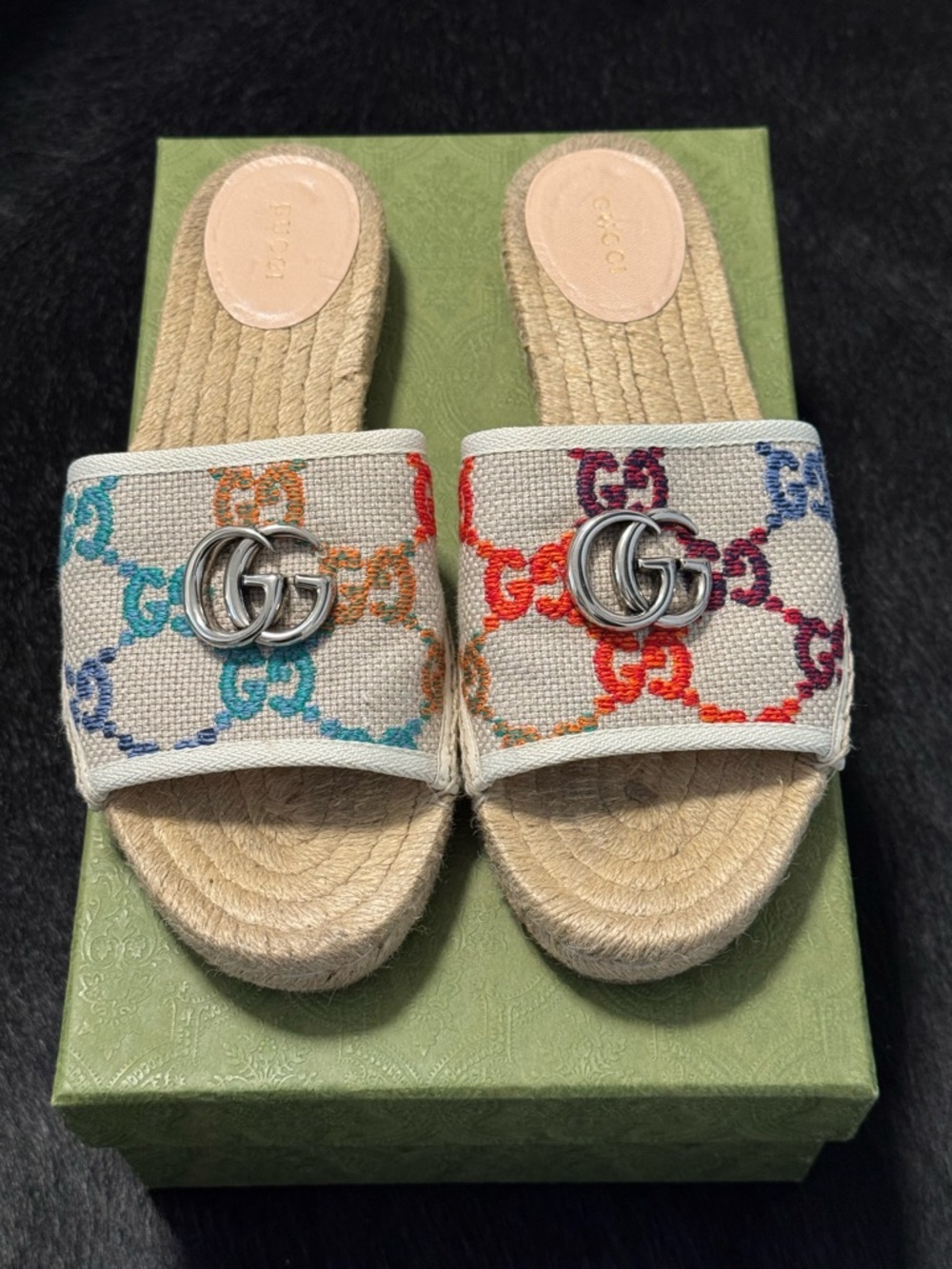 GUCCI GG Matelassé Blue Linen Espadrille Sandals